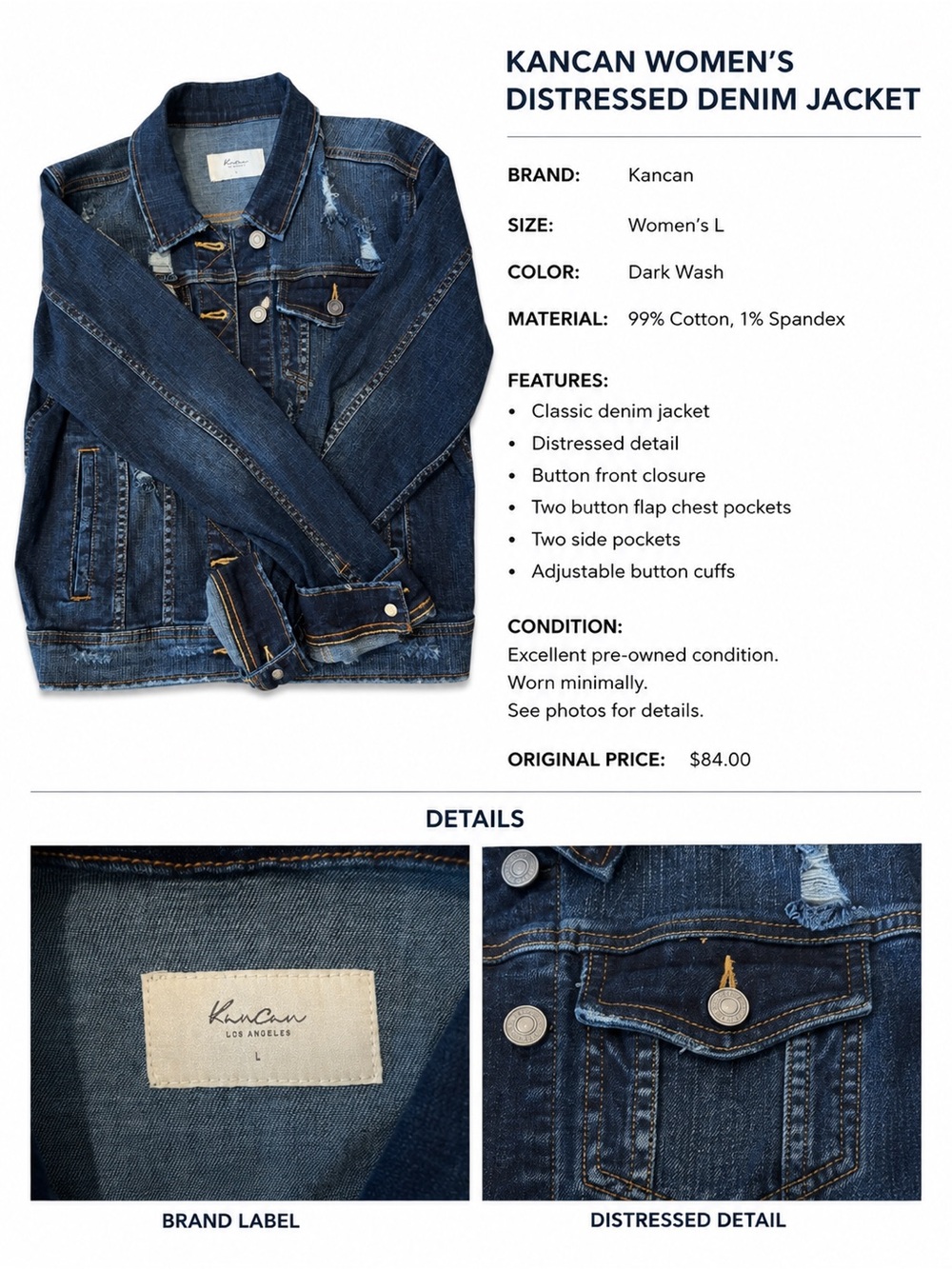 KanCan Dark Wash Distressed Denim Jacket - Blue